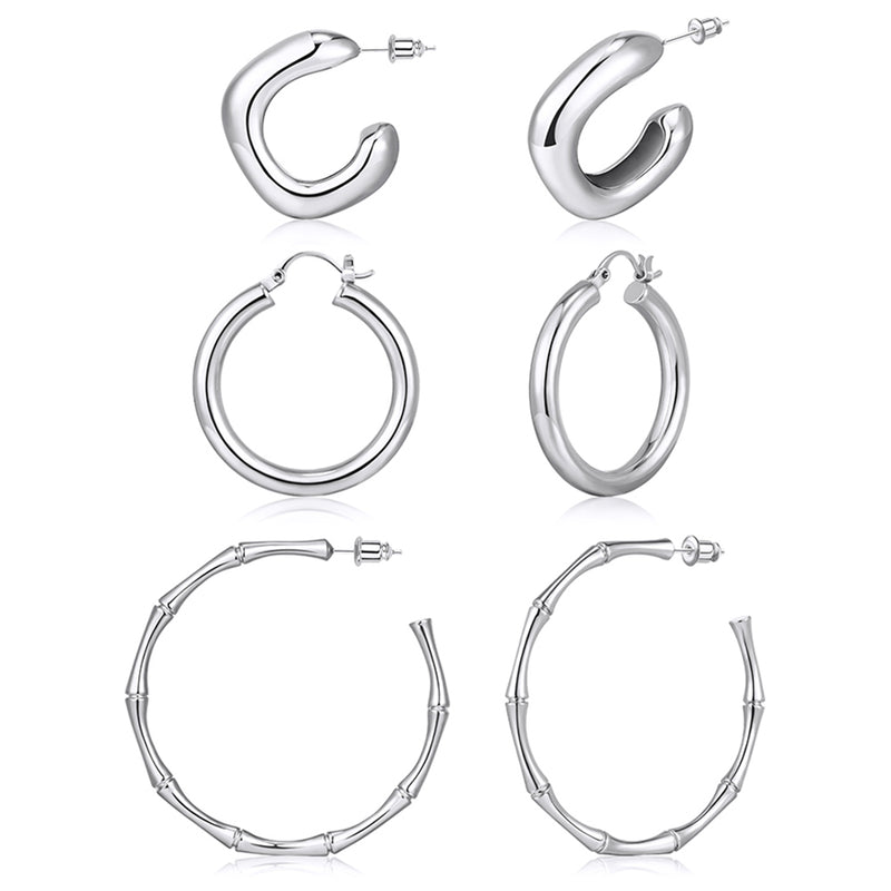silver bamboo earirngs set with chunky hoop earrings set