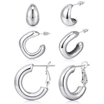 Silver hoop earrings set chunky square tear drop