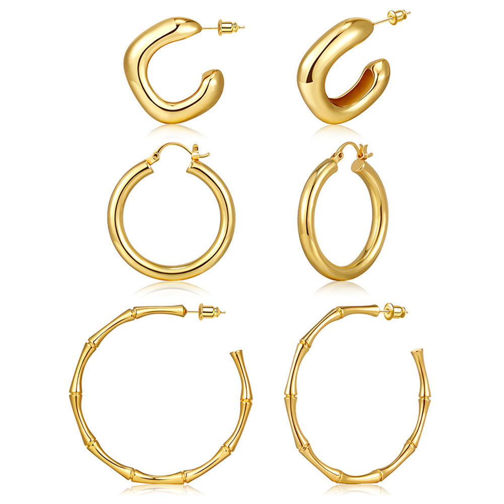 Bamboo Chunky Gold Hoop Earrings Thick Open Hoop Stylish Bamboo Chunky Gold Hoop Earrings Thick Open Hoop Stylish