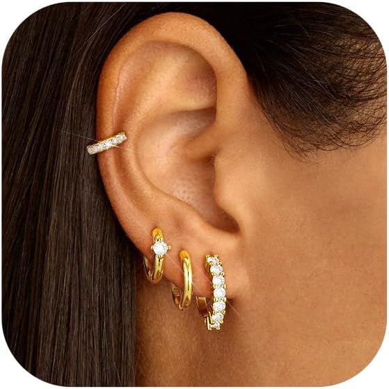 Gold Hoop Earrings Stacks Set for Women 18K Gold Plated Small Hoop Earrings Multiple Piercing Clip On Everyday Jewelry Gifts for Mother Birthday Lightweight
