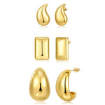 Chunky Gold Thick Chic Teardrop Earrings Square Pillow Open Hoop Stylish Jewelry for Women 3 Sets