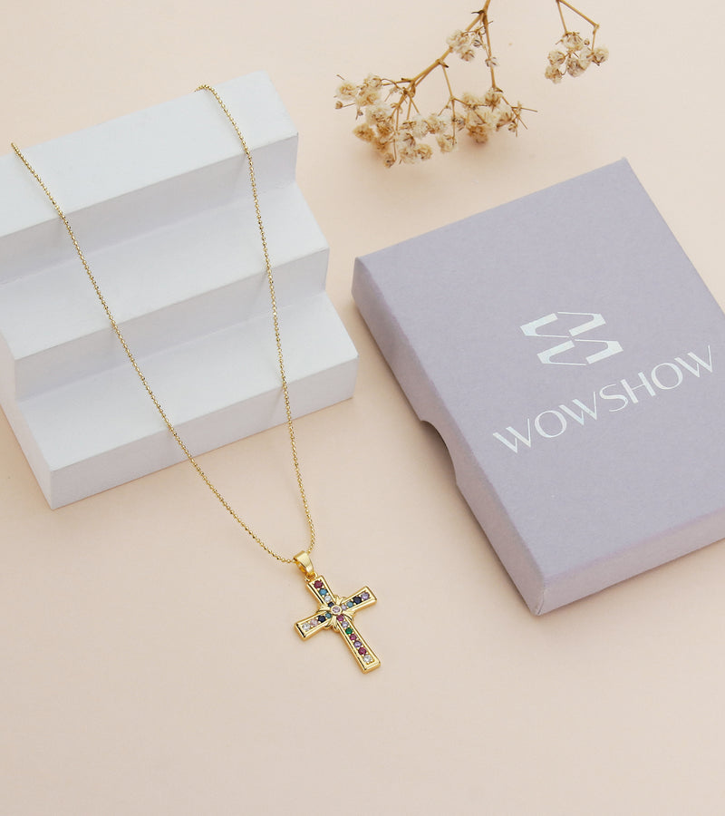 Wowshow Cross Necklace for Women, 14K Gold Plated Cross Pendant Dainty Layered Chain Necklace Jewelry Gifts