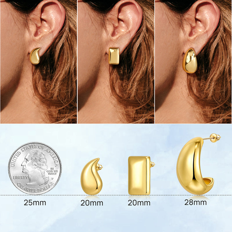 Chunky Gold Thick Chic Teardrop Earrings Square Pillow Open Hoop Stylish Jewelry for Women 3 Sets