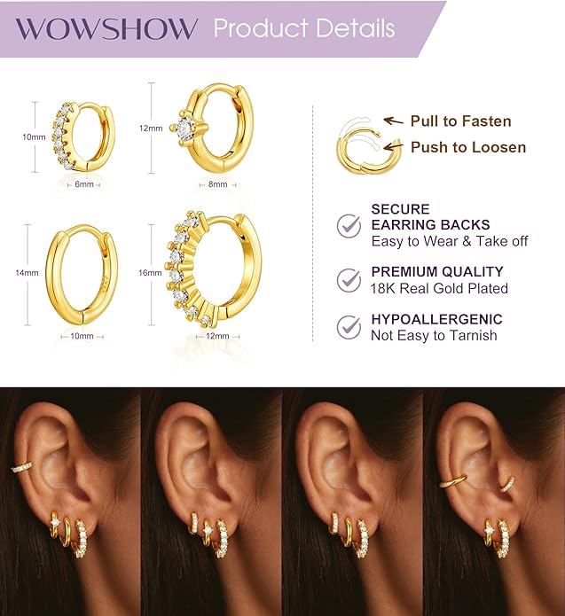 Gold Hoop Earrings Stacks Set for Women 18K Gold Plated Small Hoop Earrings Multiple Piercing Clip On Everyday Jewelry Gifts for Mother Birthday Lightweight