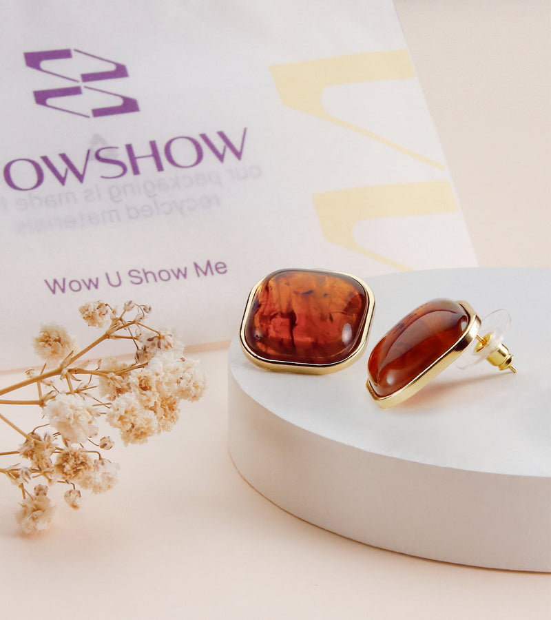 Wowshow Square Amber Earrings - Baltic Honey Amber Stud Earrings