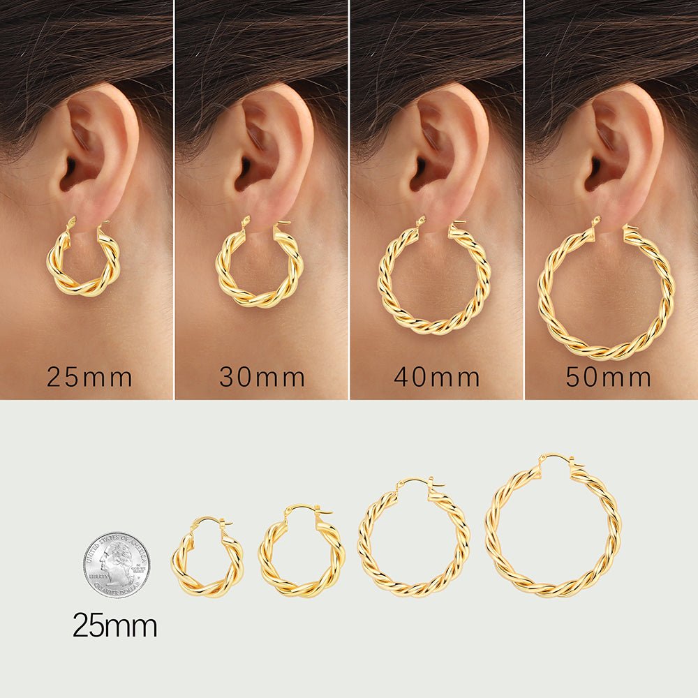 14k Gold Plated Twisted Hoop Earrings Rope Round Chunky Hoop Earrings 20-25-30mm - Wowshow Jewelry