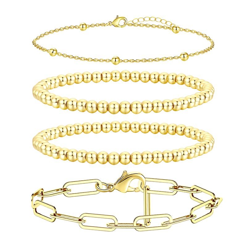 14K Gold Plated Women Stackable Ball Chain Stretch Bead Bracelet Set Tiny Lightweight Curb Link Design - Wowshow Jewelry