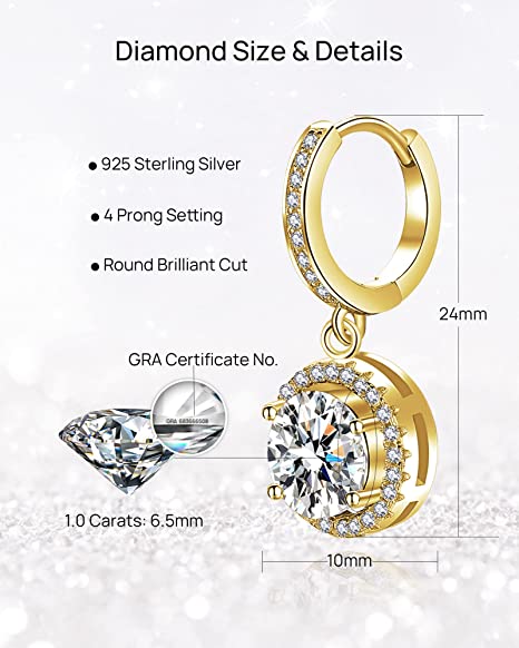2/4 Carat Moissanite Earrings Gold/White Gold 925 Sterling Silver Round Earrings Dangle Hoop Jewelry - Wowshow Jewelry