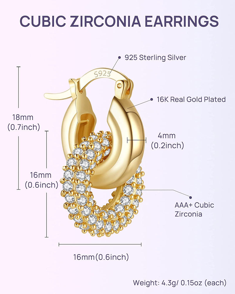 Chunky Huggie Hoop 16K Gold Plated Earrings Cubic Zirconia Circle Dangle Dual Use - Wowshow Jewelry