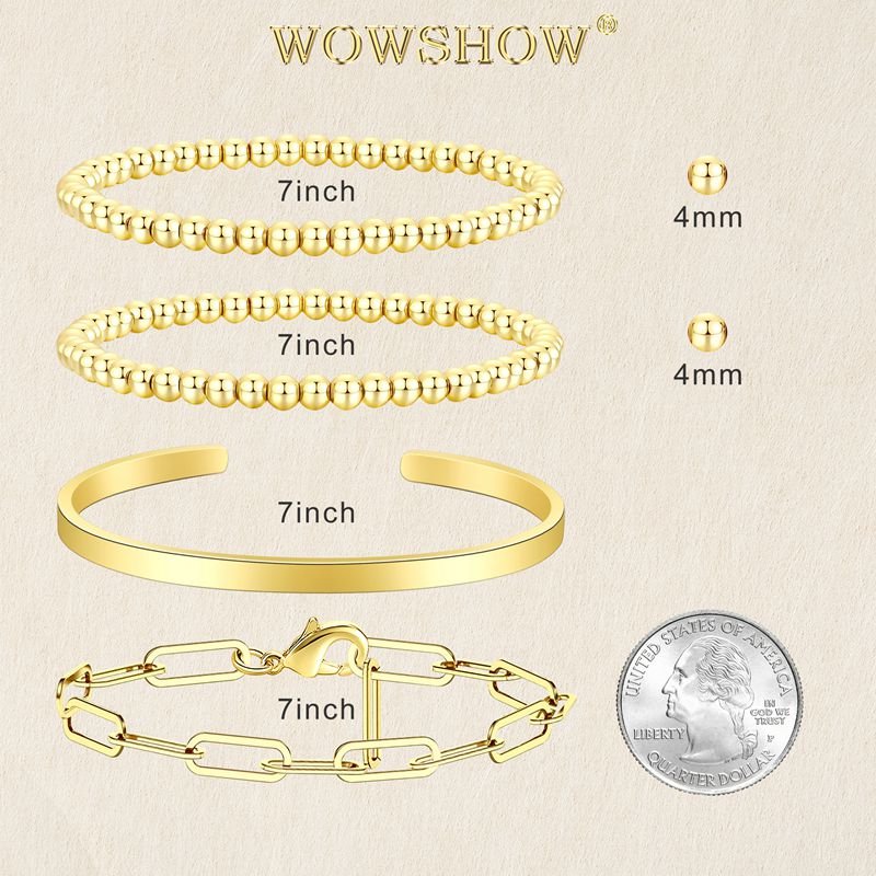 Classical Women Ball Chain Stretch Bead Bracelet Set 14K Gold Rose Cuff Bangle Birthday Jewelry - Wowshow Jewelry