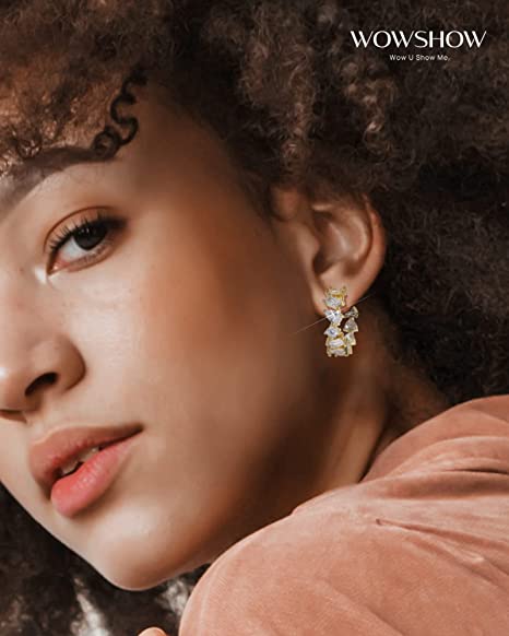 Cubic Zirconia 16K Gold Hoop Earrings for Women 925 Sterling Silver Hypoallergenic Girls - Wowshow Jewelry