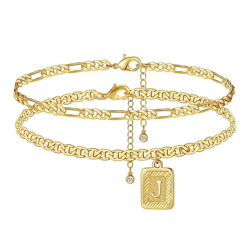 Gold Anklet for Women Men Ankle Bracelets Square Pendant Letter Layered B C D J - Wowshow Jewelry