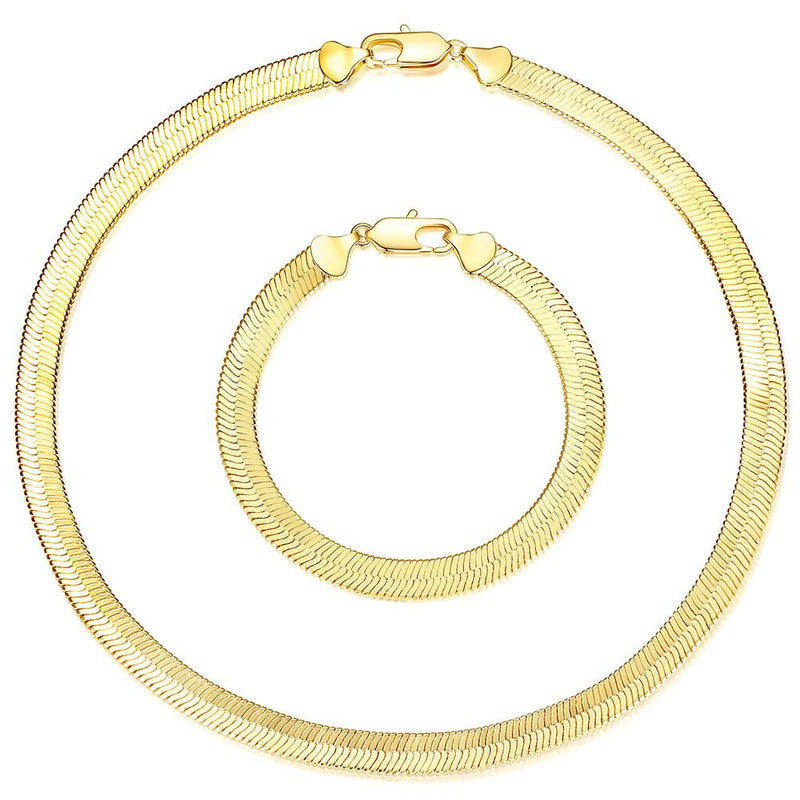 Italian Snake Chain Necklace Flat Herringbone Choker Dainty Necklace Bracelet Set for Women 16-18-20 Inch - Wowshow Jewelry