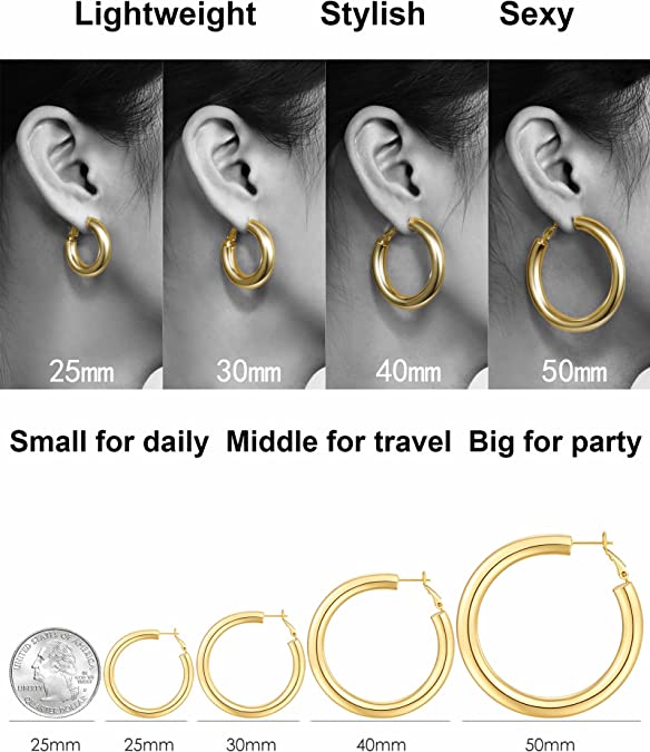 Thick Hoop Earrings Howllow 14K Gold Plated Gold Hoops for Women 25mm-50mm Rose White Gold - Wowshow Jewelry